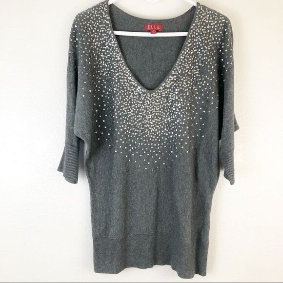 Elle. Gray Deep V-neck Sequin details short sleeve blouse  size XS - Picture 1 of 8